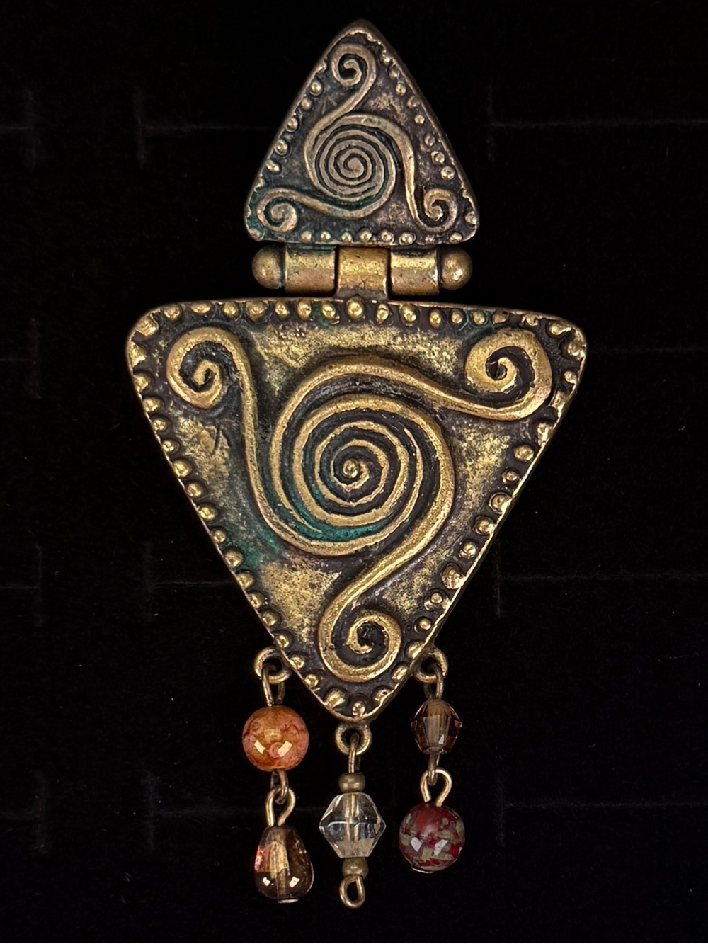 Artisan aged Bronze tone hinged large Pendant with free cord Necklace